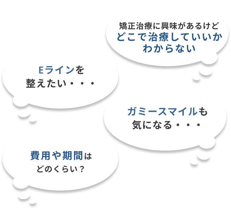 Eラインを整えたい… / 費用や期間はどのくらい？ / 矯正治療に興味あるけどどこで治療していいかわからない / ガミースマイルも気になる…